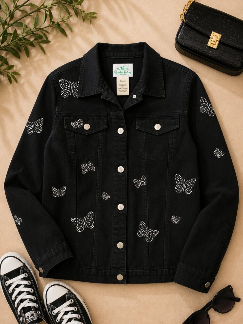 The Quacker Factory Black Rhinestone Butterfly Denim Jacket Small